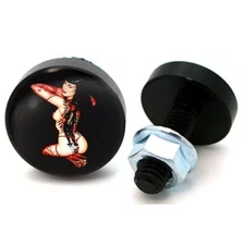 2 Black Billet Aluminum - Custom License Plate Frame Tag Bolts - "Tattoo Girl"