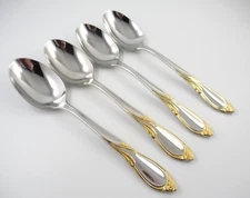 4 Soup Spoons CACHE GOLD Yamazaki Glossy Gold Accented Stainless Steel Flatware