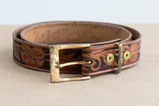 Vintage Hand Tooled Brown Leather Belt Small Teen Sz 29 Art Deco Floral pattern
