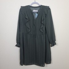 NEW LOFT Petite Babydoll Ruffle Dress Size PL Textured Patterned Green