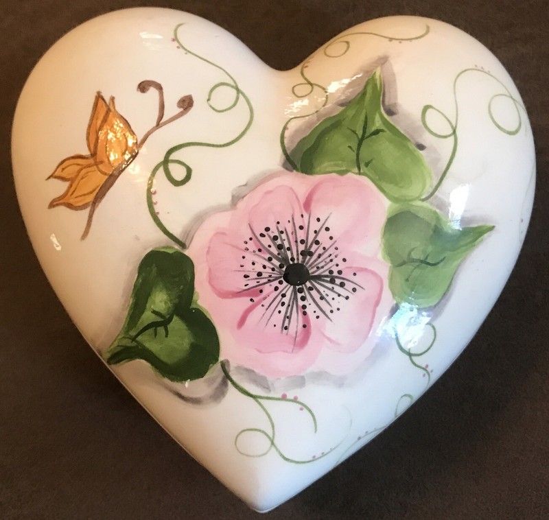 Hand Painted Ceramic Butterfly Heart Prim Rose Trinket Box