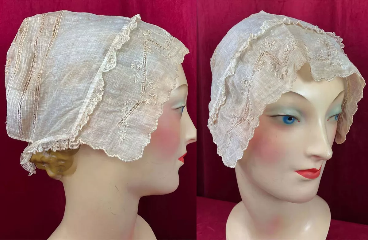 18th c Regency Embroidered Cotton Cap Bonnet Embroidery AS FOUND