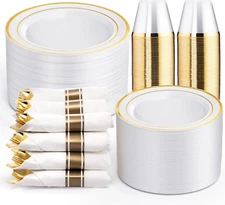 350Pcs White and Gold Plastic Plates for 50 Guests - Plastic Dinnerware Set, Inc