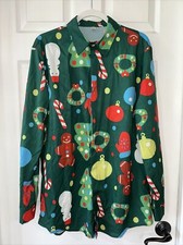 Men's Large Shirt Christmas Novelty Snowmen Trees Green Multi Long Sleeve NEW