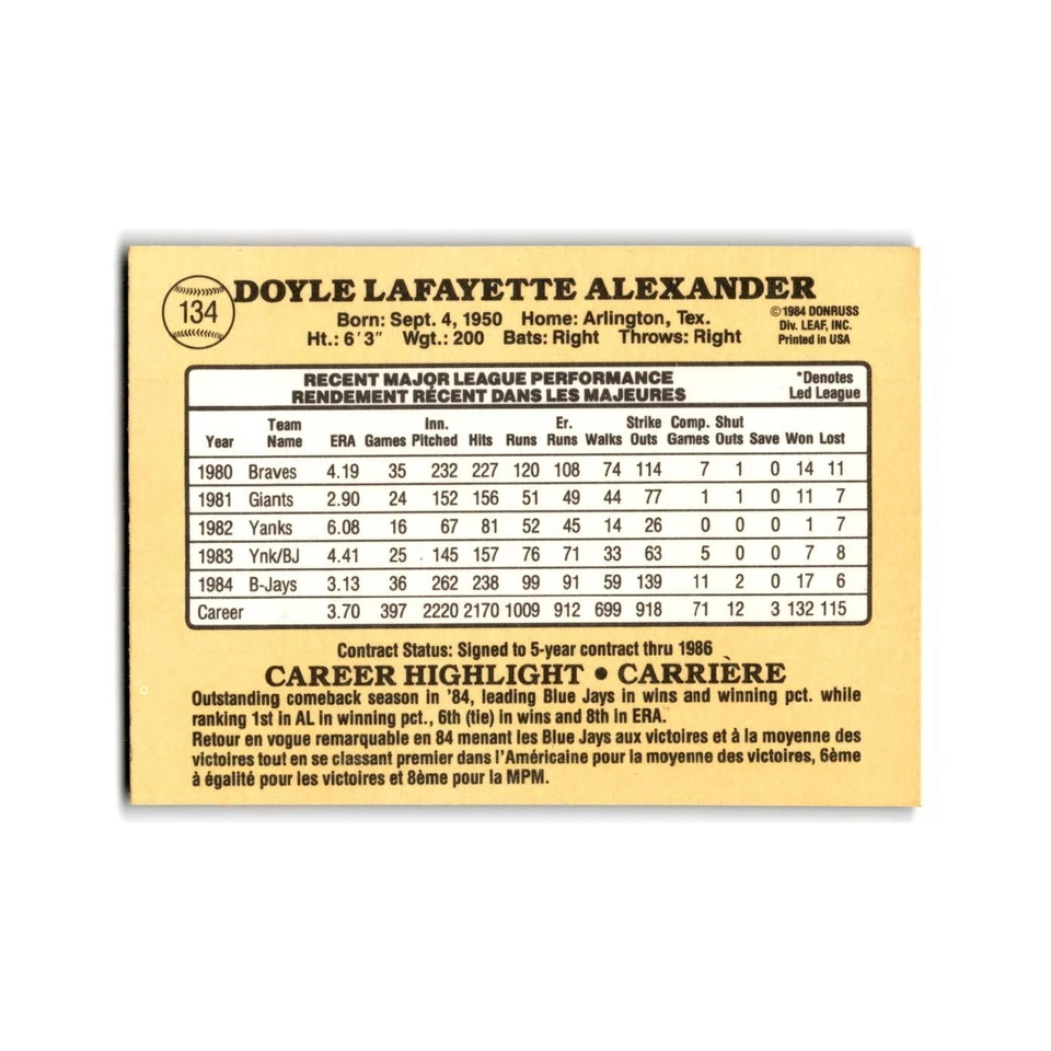 Doyle Alexander 1985 Leaf #134 Toronto Blue Jays Baseball Card NM - Image 2 of 3
