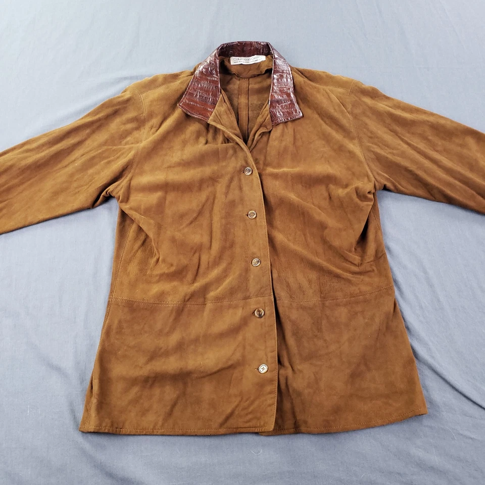 Camisa De Colección Calvin Klein Para Mujer 10 Marrón Cordero Gamuza Cuero Manga Larga Botón Foto 4 de 4