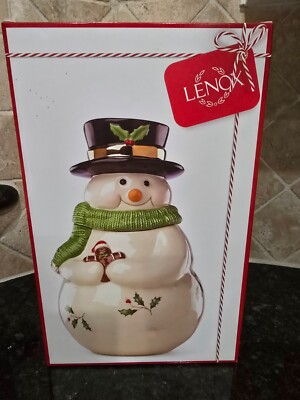 LENOX PORCELIAN COOKIE JAR SNOWMAN WITH GINGER BREAD MUSICAL 11'' In Box