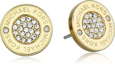 NEW MICHAEL KORS GOLD TONE PLAQUE CRYSTALS ROUND STUD SIGNATURE EARRINGS MKJ3351