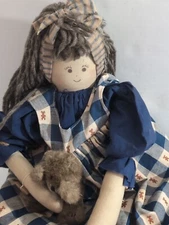 Vintage Rag  Doll , Handmade, Folk, Fabric,Plaid Dress, Holding Teddy Bear....