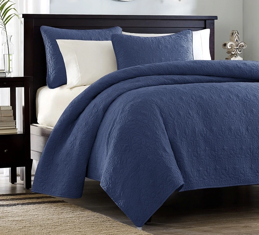 NAVY BLUE MATELASSE 3p Full Queen QUILT SET COTTON FILL QUILT COVERLET COTTAGE