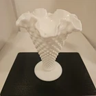 Fenton White Milk Glass 8" Trumpet Vase Ruffled Rim Hobnail Pattern