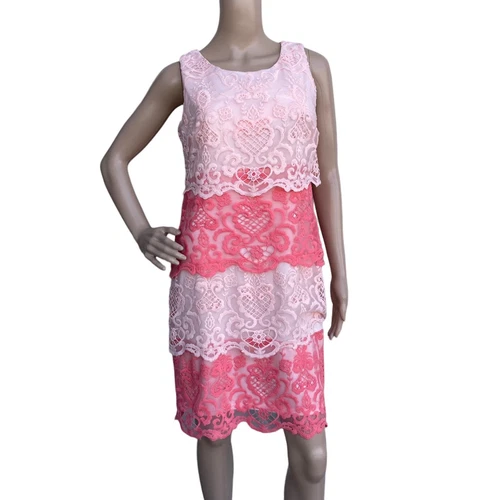 VETEMENTS Leslie Fay abito tubino donna rosa colorblock pizzo sovrapposizione senza maniche a strati 6