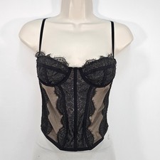 UO Out From Under Modern Love Black Lace Beige Mesh Corset Top Size M