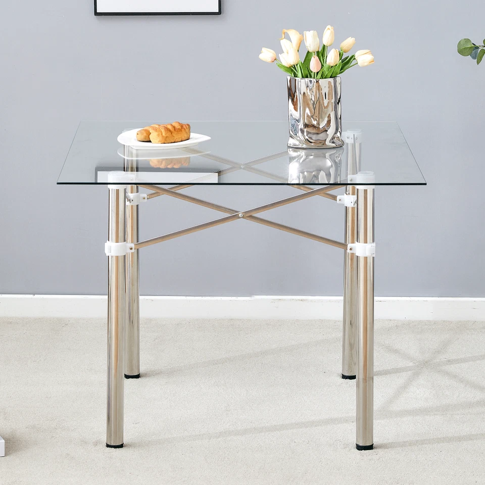 Elegant Expandable Square Glass Table 36inClear Tempered Glass Silver Metal Legs - Image 2 of 4