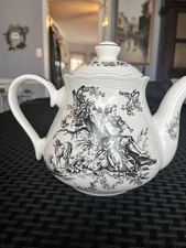 Tabletops Unlimited  Teapot  & Lid, New England Toile, Flute Pattern Excellent!