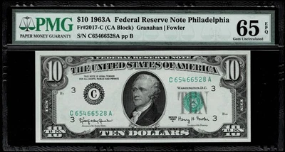 1963A $10 FEDERAL RESERVE NOTES PHILADELPHIA PA, PMG GEM UNC 65 EPQ - Image 1 of 2