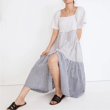 Madewell Patchwork Gingham Button-Front Tiered Midi Dress White Blue Cottage 3X