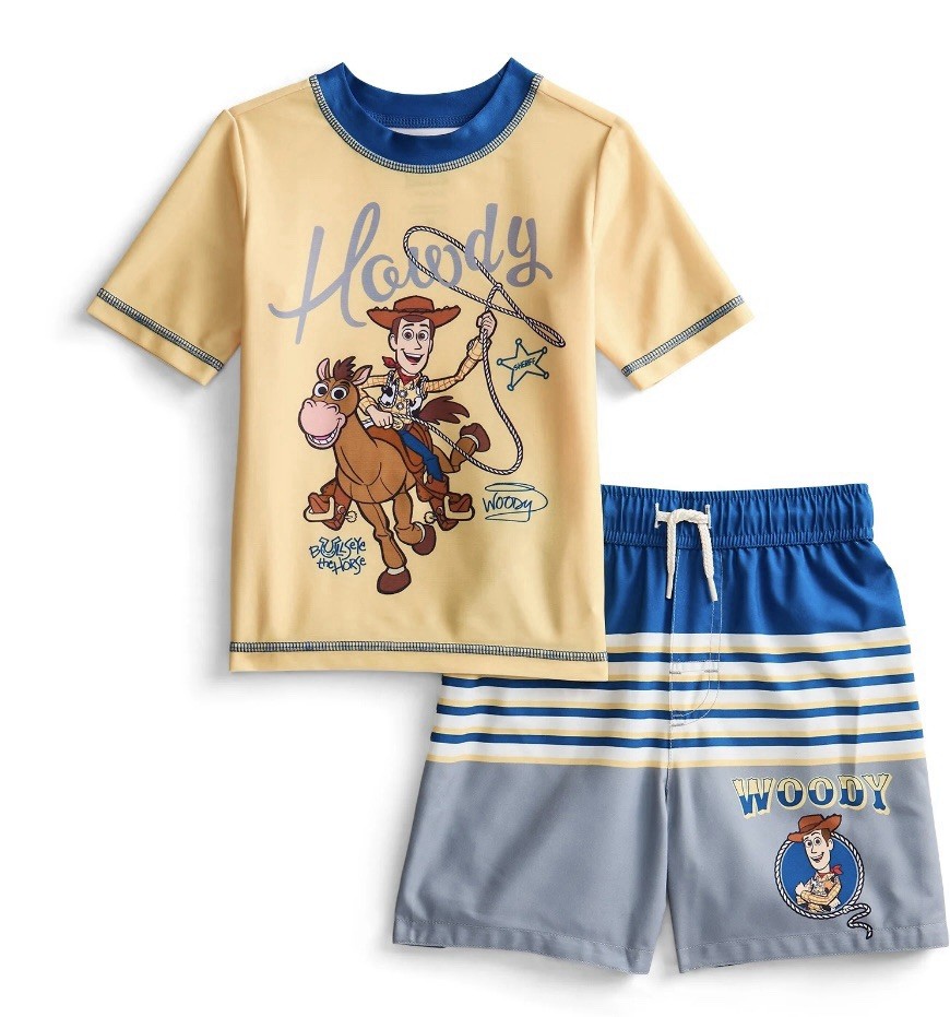 NWT Disney Pixar Toy Story Woody 2 Pc Rash Guard Swim Set UPF 50+ Toddler 18M