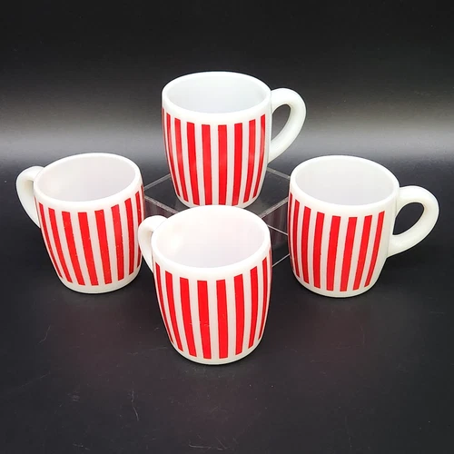 Set Of 4 Vintage Hazel Atlas Red & White Candy Stripe Glass Coffee Mugs 1950s