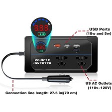 200W Power Inverter, 8-in-1 DC 12V to 110V AC Car Plug Adapter Outlets Converter