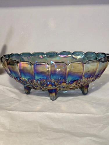 Vintage Indiana Blue Iridescent Carnival Glass Harvest Grape Oval Bowl 12"