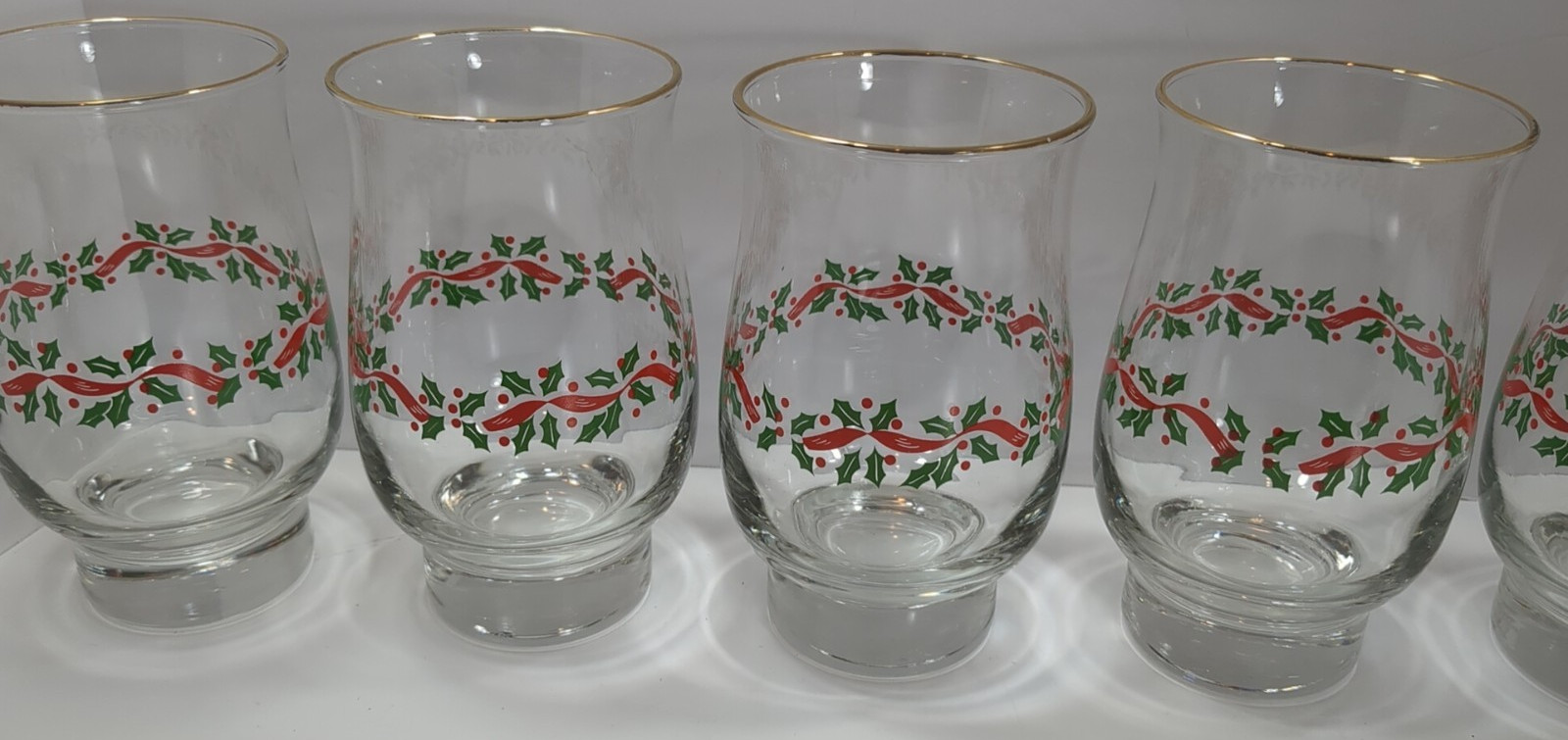 6 Libbey Christmas Holly Berry Glass Red Ribbon Tumbler Tulip Gold Rim 14 OZ