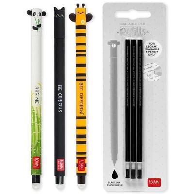 LEGAMI Radierbare Gelstifte Set 3 Stk + Nachfüllminen 0,7 mm Panda Katze Biene