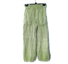 YFB Green Linen Wide-Leg Relaxed Pants with Elastic Waist Patch Pockets