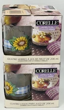 1996 Corelle Impressions SUNSATION 8 pc Juice Glass Set Sunflowers Blue Gingham