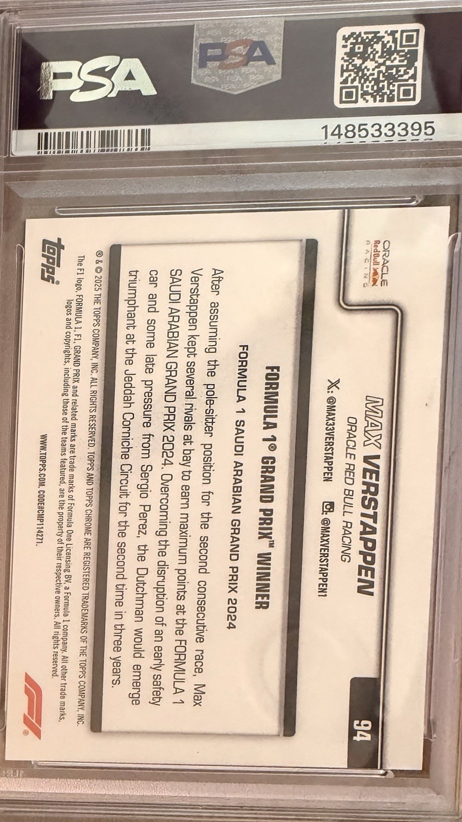 2025 Topps Chrome F1 Max Verstappen #94 Grand Prix Winner Red Refractor 5/5 PS 9 view 2