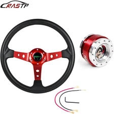 Red 14" 345mm Deep Dished Racing Steering Wheel w/Ball Quick Release Adapter Kit