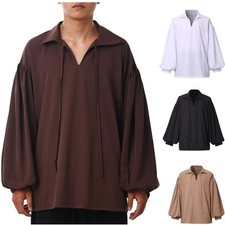 Mens Medieval V-Neck Shirt Pirate Shirt Renaissance Tops LARP Halloween Shirt