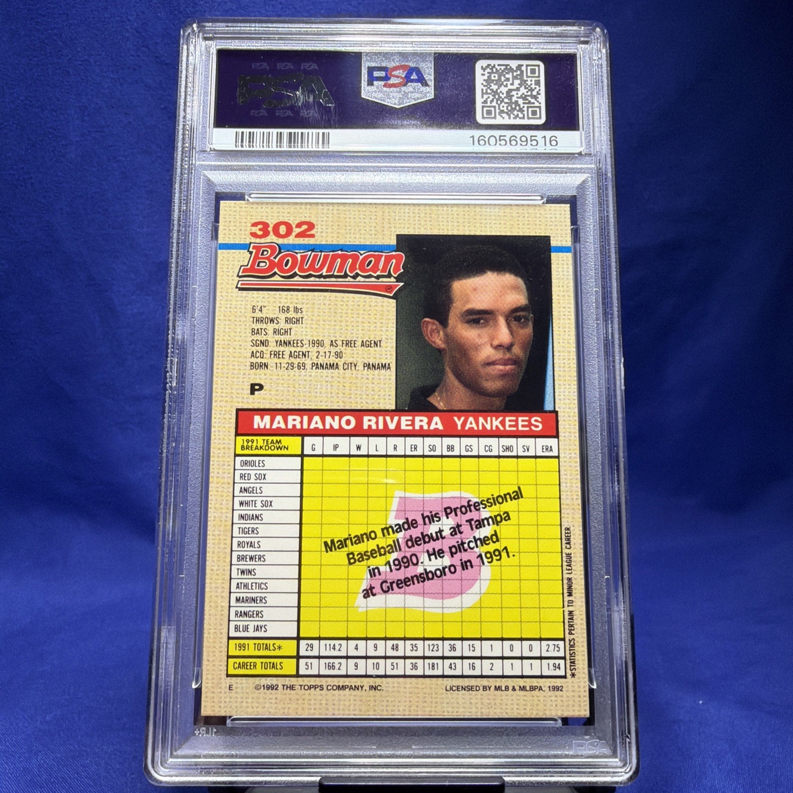 1992 Bowman - Mariano Rivera #302 E on Back (RC) PSA 7 view 2