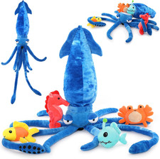 Giant Squid Stuffed Animal with 4 Sea Animal Plush, Blue, 41.3" 5Pcs Squid Plu