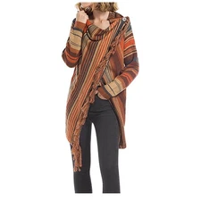 Boho Striped Southwestern Fringe Poncho Sweater, Button Wrap Shawl, Large
