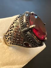 Men  s Size 10 Solid 925 Sterling Silver Red Ruby Garnet Stones Ring