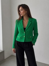 ZARA Green Tweed Blazer Jacket M Gold Buttons Preppy Academia Quiet Luxury Chic