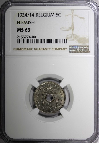 BELGIUM Albert I 1924/14 5 Centimes OVERDATE NGC MS63 TOP GRADED KM# 67 (1) - Picture 2 of 6