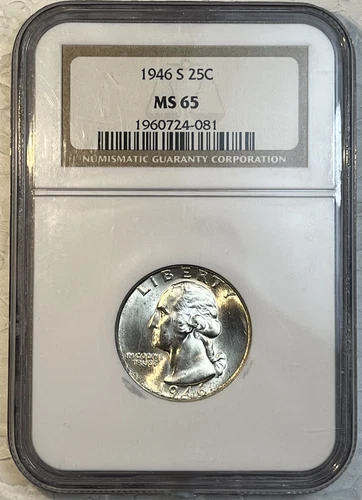 1946 - S Silver Washington Quarter 25 Cents NGC Certified MS 65 Coin Beauty