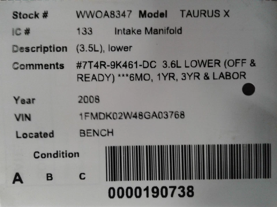 Used Lower Engine Intake Manifold fits: 2008 Ford Taurus x 3.5L lower Lower Grad Foto 4 de 4