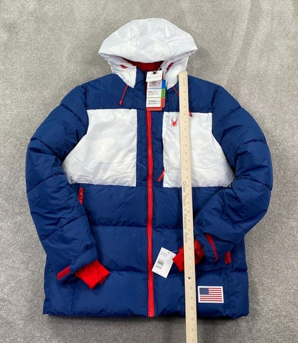 Spyder 2022 USA Ski Team Puffer Hooded Jacket Men's Size S Blue White OMSP3221 - Picture 6 of 9
