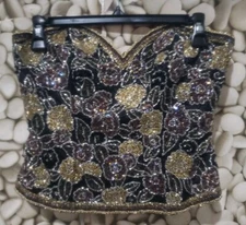 Black Tie Oleg Cassini Size Small Silk Beaded Floral Gold Black Corset Zip