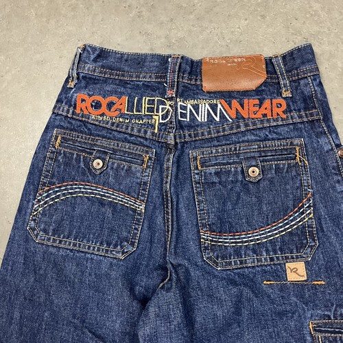 Vintage Rocawear Dark Wash Baggy Embroidered Denim Jeans Blue Youth 10 Msr 25x25 - Picture 5 of 9