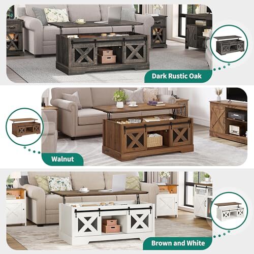 Farmhouse Coffee Table, Lift Top Coffee Table with Storage & Dark Rustic Oak - Picture 6 of 7