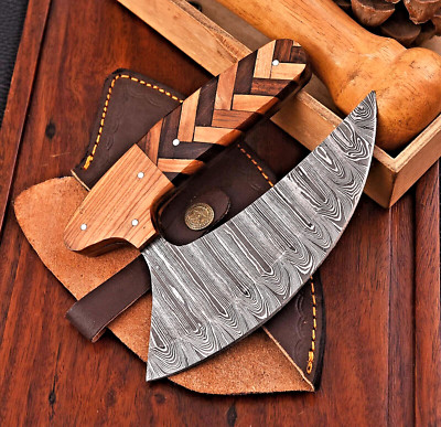 CUSTOM HANDMADE DAMASCUS STEEL ULU KNIFE PIZZA CUTTER ALASKAN CHEF KNIFE 1933