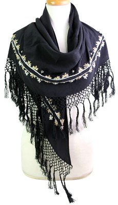 32''x70'' ECHO BLACK 100%SILK BEADED FLORAL FRINGE TRIANGLE SHAWL WRAP SCARF (56T