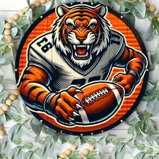 2D Flat, 1pc 7.87x7.87 Inch Aluminum Retro Tiger Football Wall Art Round Sign -