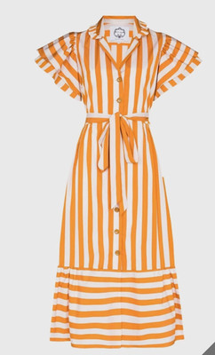 New Evi Grintela Large Yellow Cabana Stripe Ruffled Tie Shirt Dress w Pockets