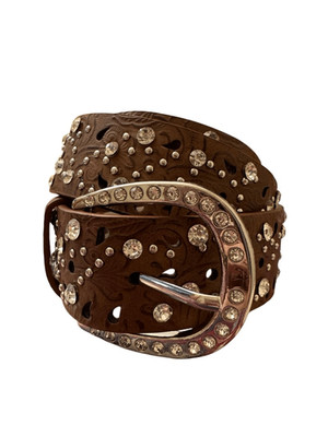 BKE Western Laser Cut Embossed Faux Leather Brown Belt Studded Rhinestones Large