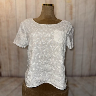 Sigrid Olsen White Linen Textured Short Sleeve Top, Sz M Embroidered Front